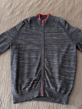 Men's Black Heather Full-Zip Sweater with Red Trim
